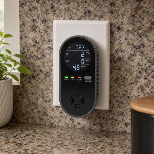 Aegis Home Safe monitor plugged into a kitchen outlet showing live PPM