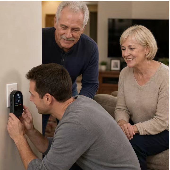 Adult son installing an Aegis Home Safe monitor for his parents